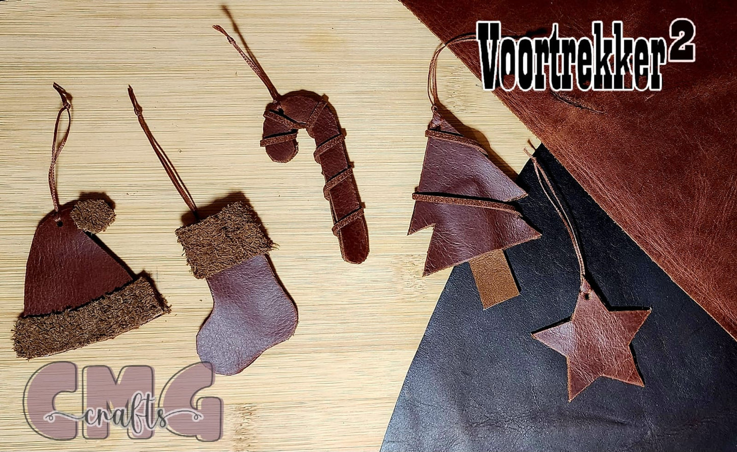 Handgemaakte egte leer Kersfees Ornament Stel