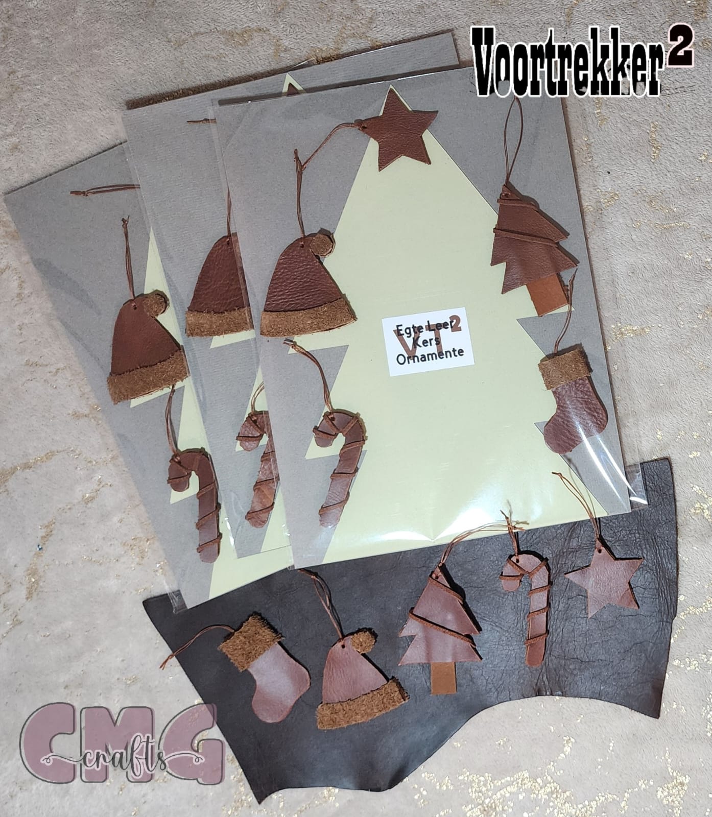 Handgemaakte egte leer Kersfees Ornament Stel