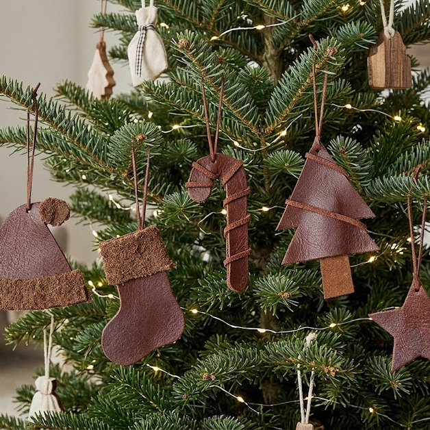 Handgemaakte egte leer Kersfees Ornament Stel